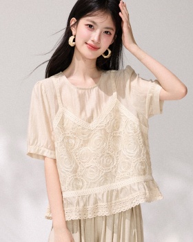 Puff sleeve loose tops summer crochet shirt for women