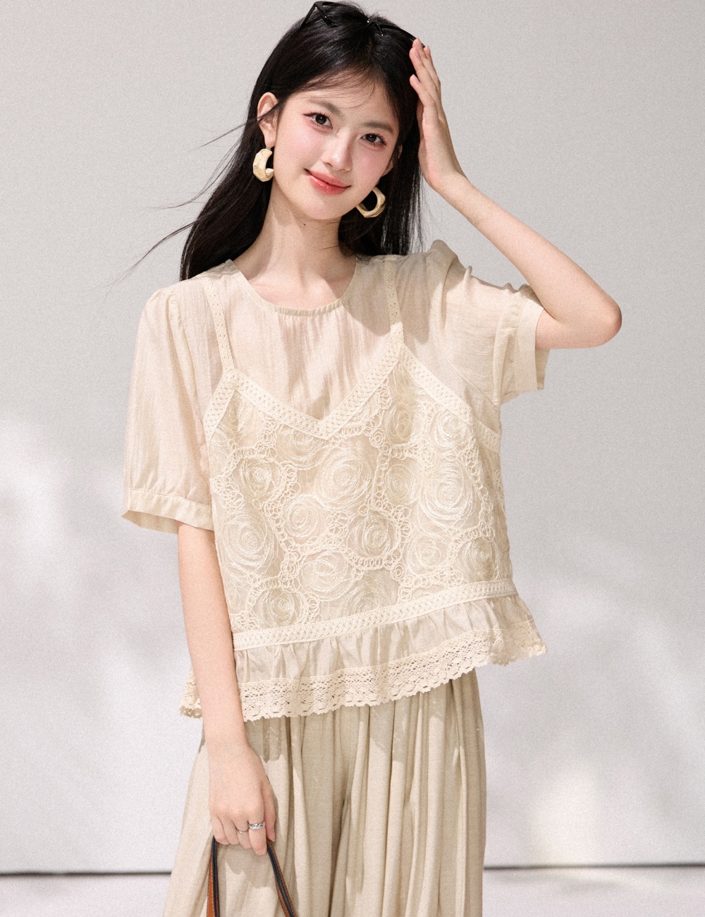 Puff sleeve loose tops summer crochet shirt for women
