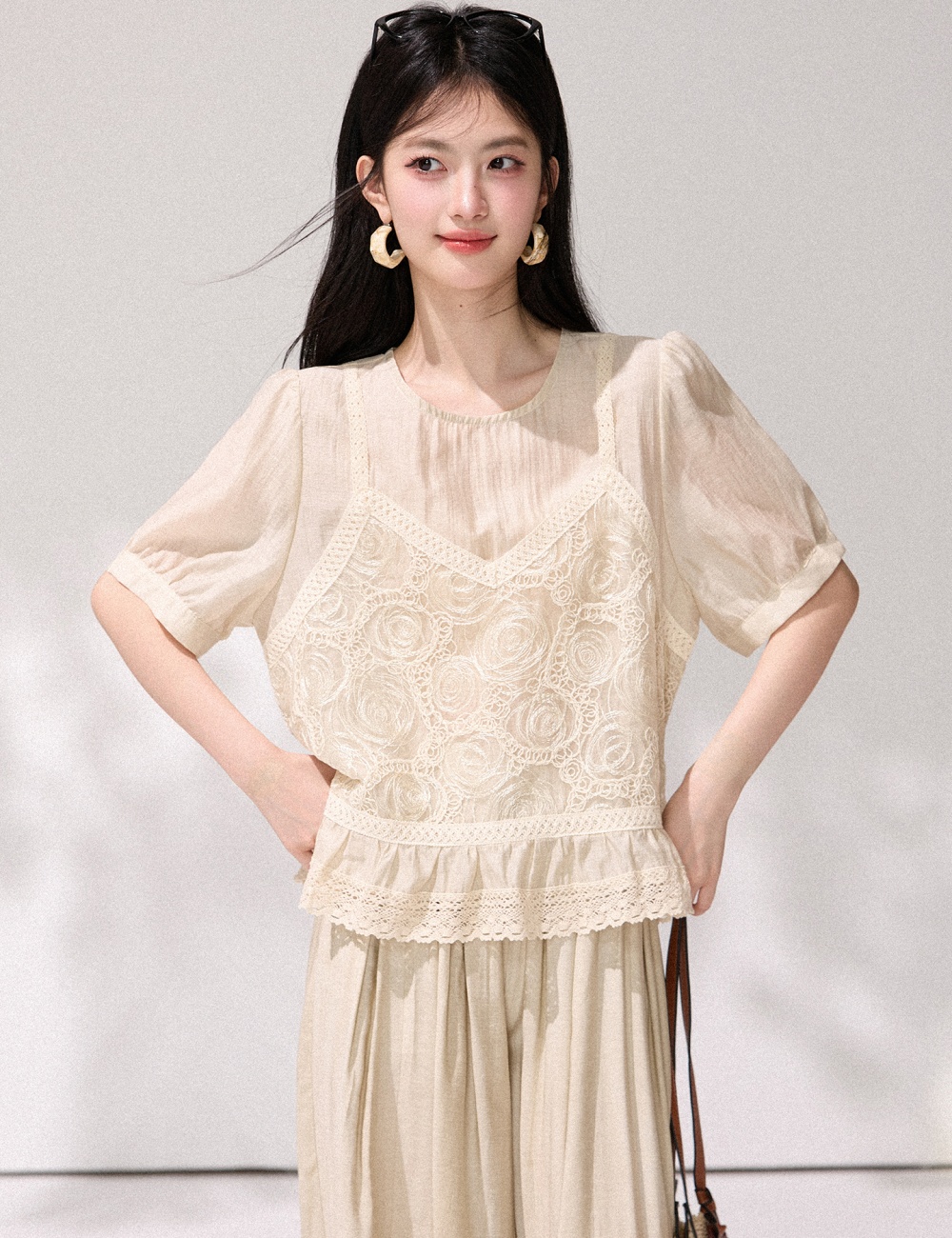Puff sleeve loose tops summer crochet shirt for women