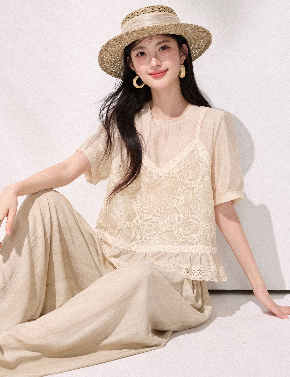 Puff sleeve loose tops summer crochet shirt for women
