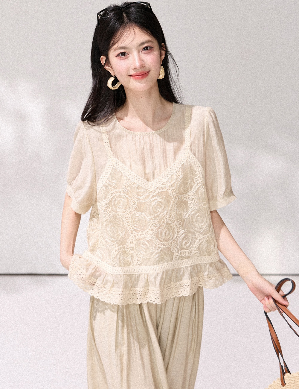 Puff sleeve loose tops summer crochet shirt for women