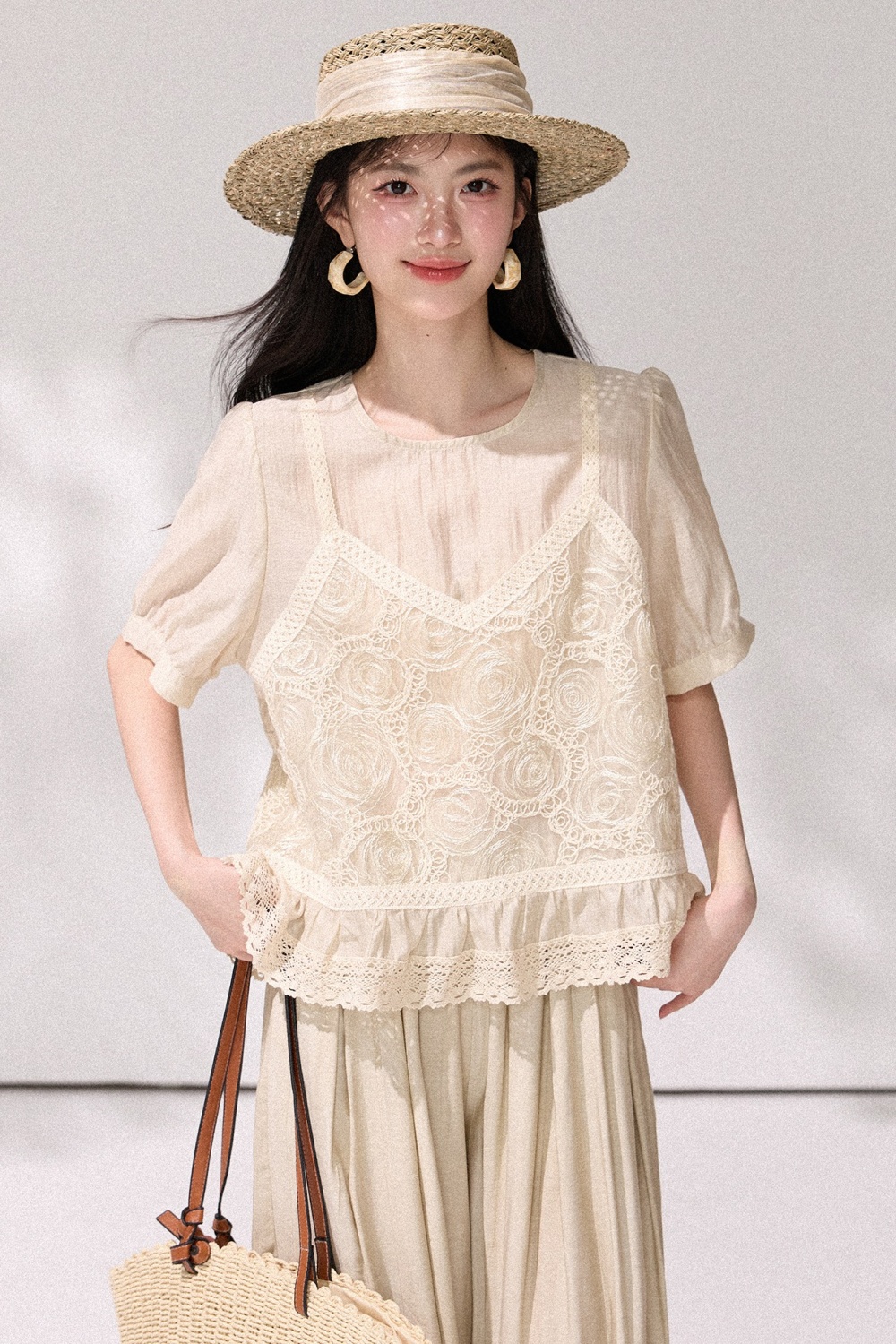 Puff sleeve loose tops summer crochet shirt for women