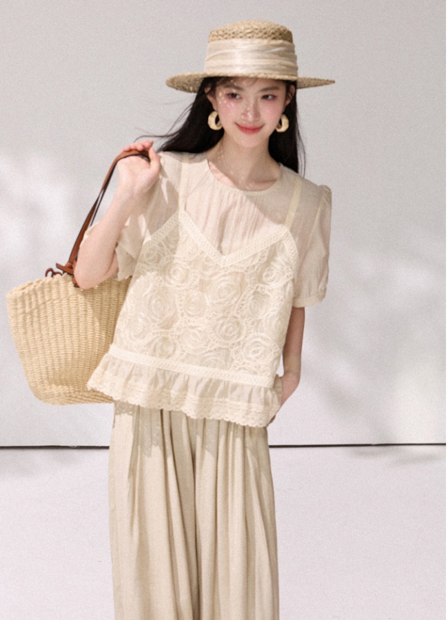 Puff sleeve loose tops summer crochet shirt for women