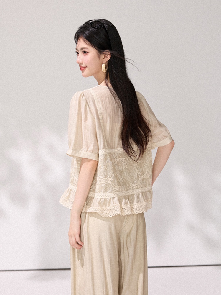 Puff sleeve loose tops summer crochet shirt for women