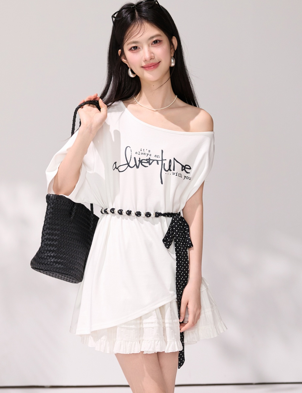 Summer sloping shoulder belt irregular T-shirt
