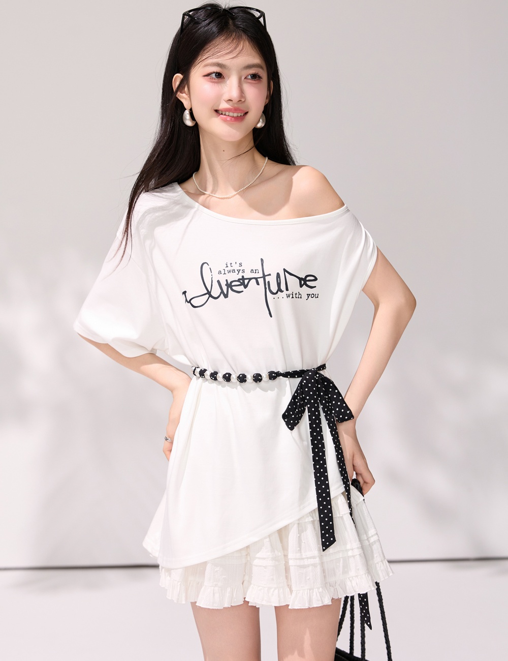 Summer sloping shoulder belt irregular T-shirt