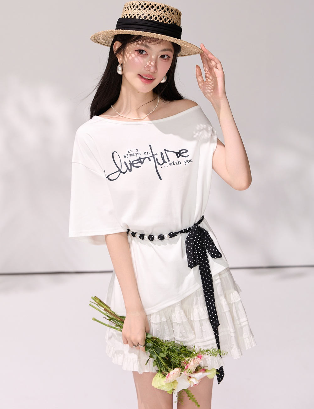 Summer sloping shoulder belt irregular T-shirt