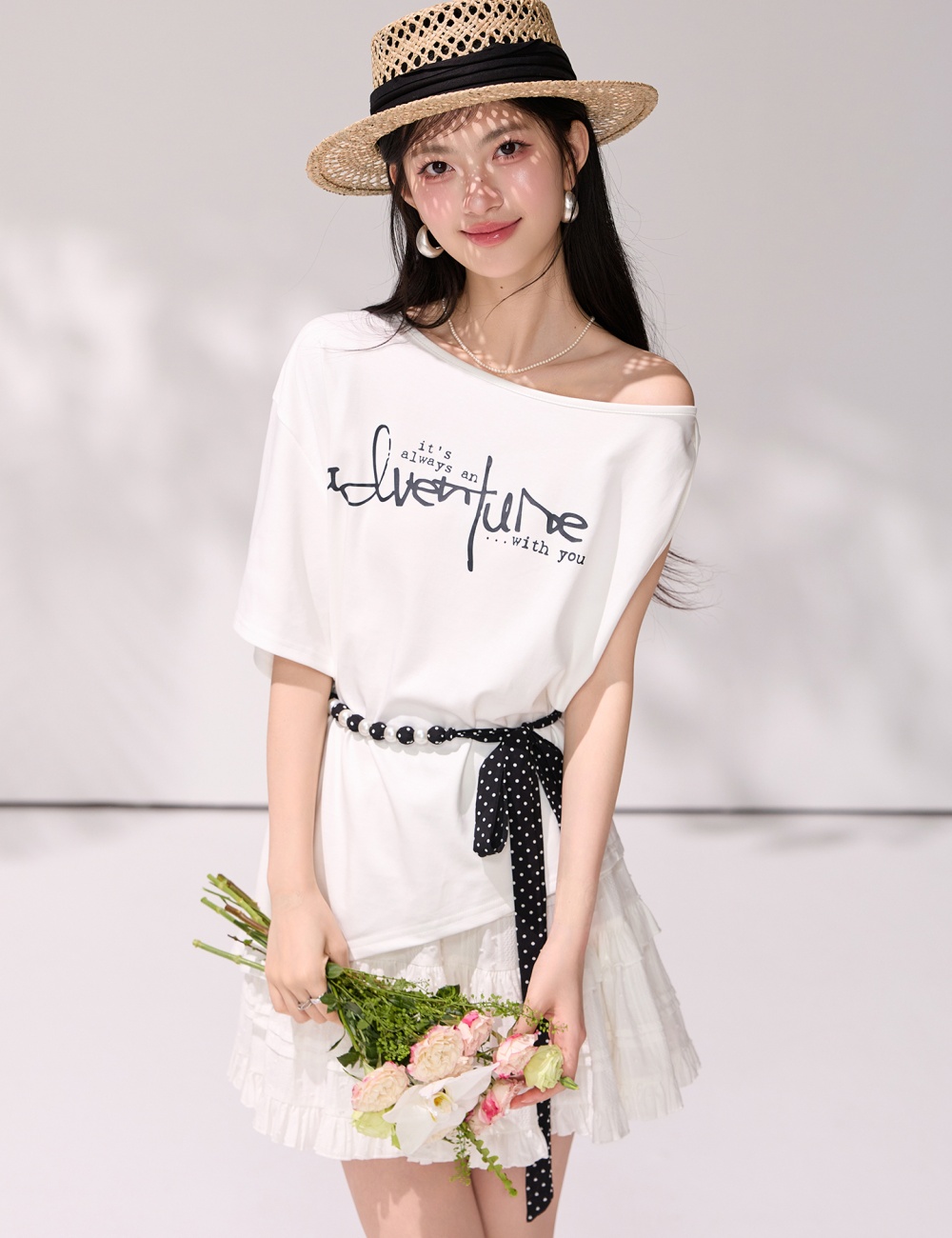 Summer sloping shoulder belt irregular T-shirt