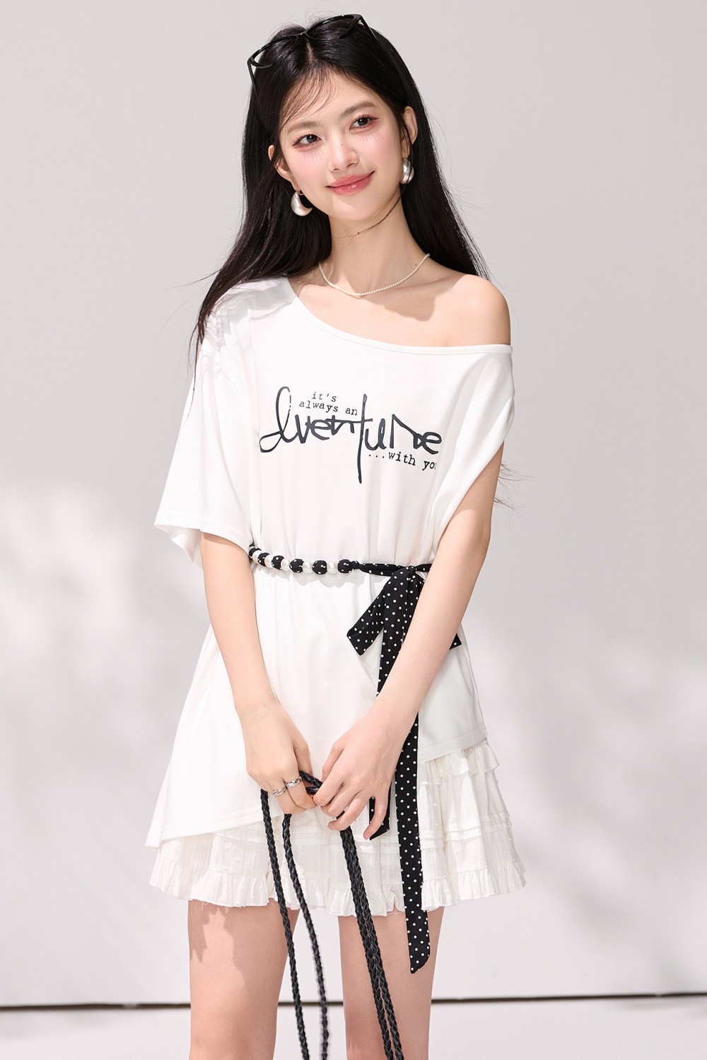 Summer sloping shoulder belt irregular T-shirt