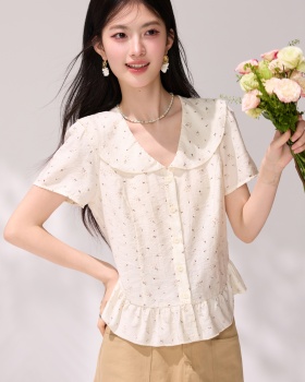 Summer pinched waist shirt V-neck romantic tops
