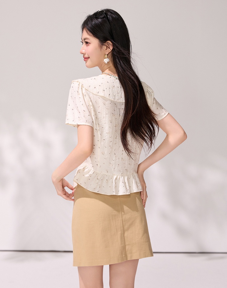 Summer pinched waist shirt V-neck romantic tops