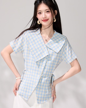 Plaid pinched waist Korean style bandage shirt