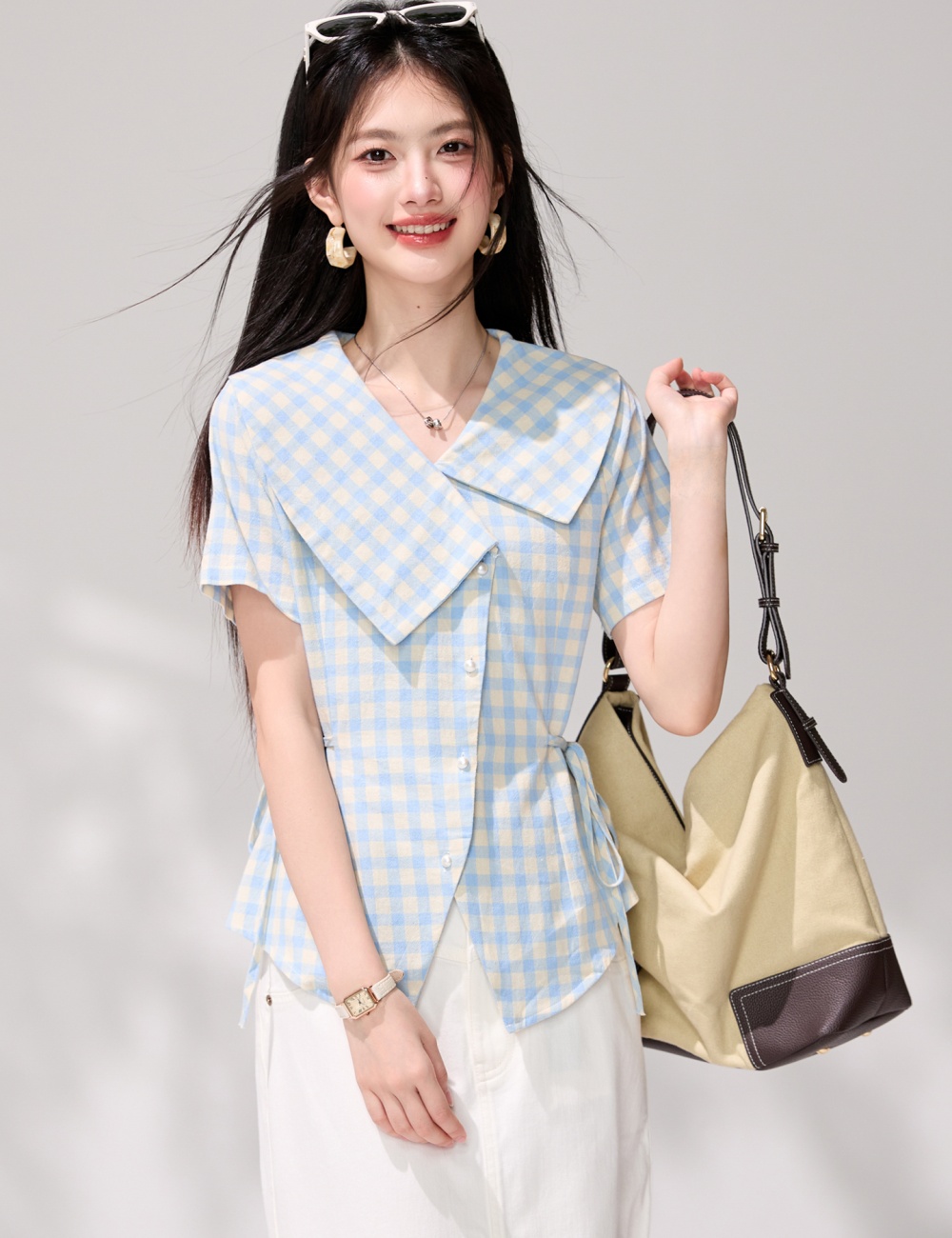 Plaid pinched waist Korean style bandage shirt