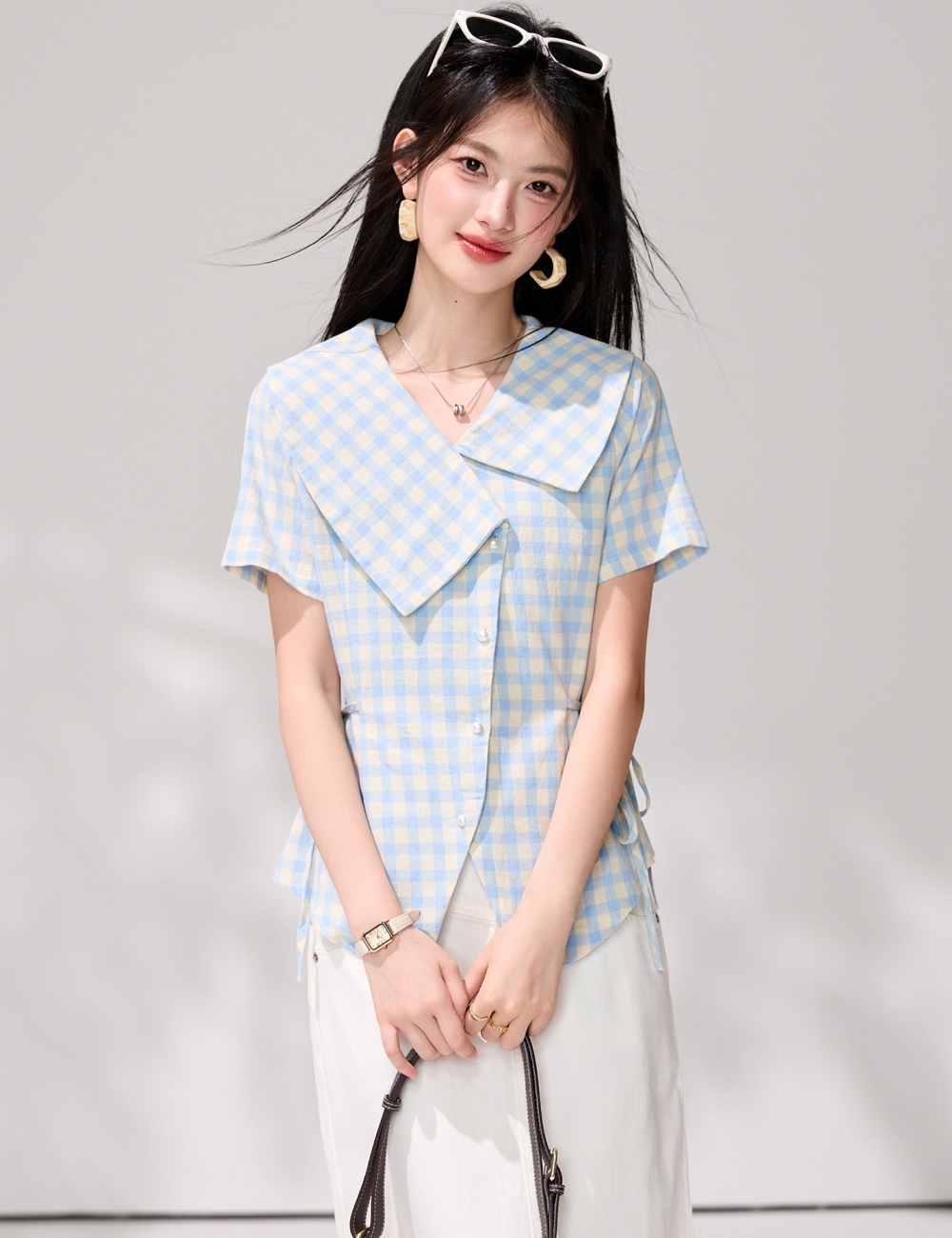 Plaid pinched waist Korean style bandage shirt