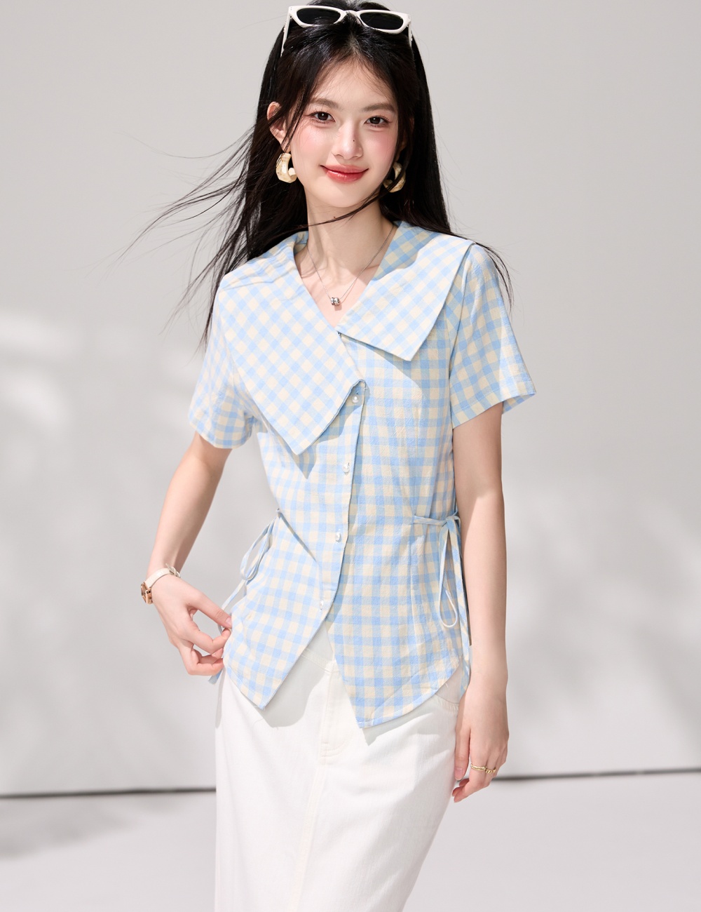 Plaid pinched waist Korean style bandage shirt