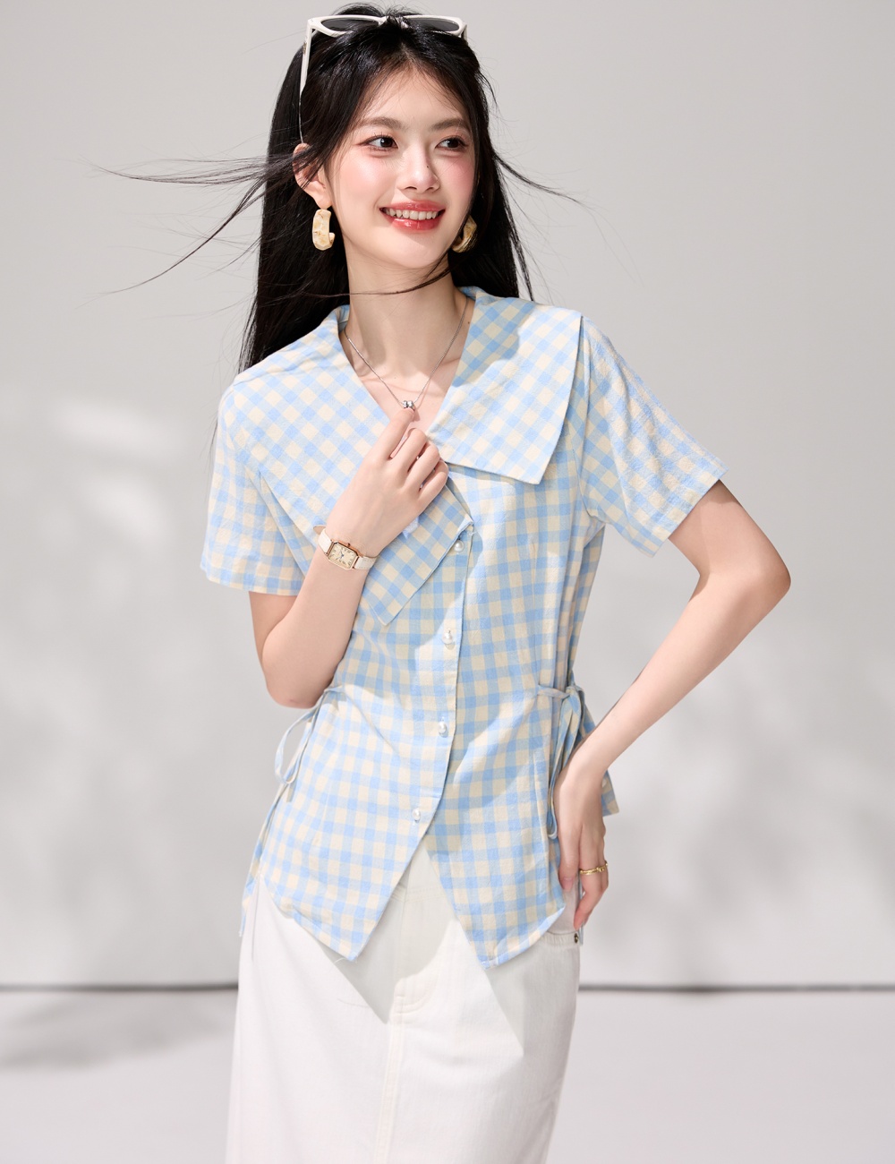 Plaid pinched waist Korean style bandage shirt