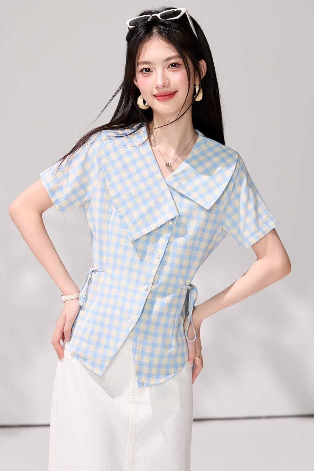 Plaid pinched waist Korean style bandage shirt