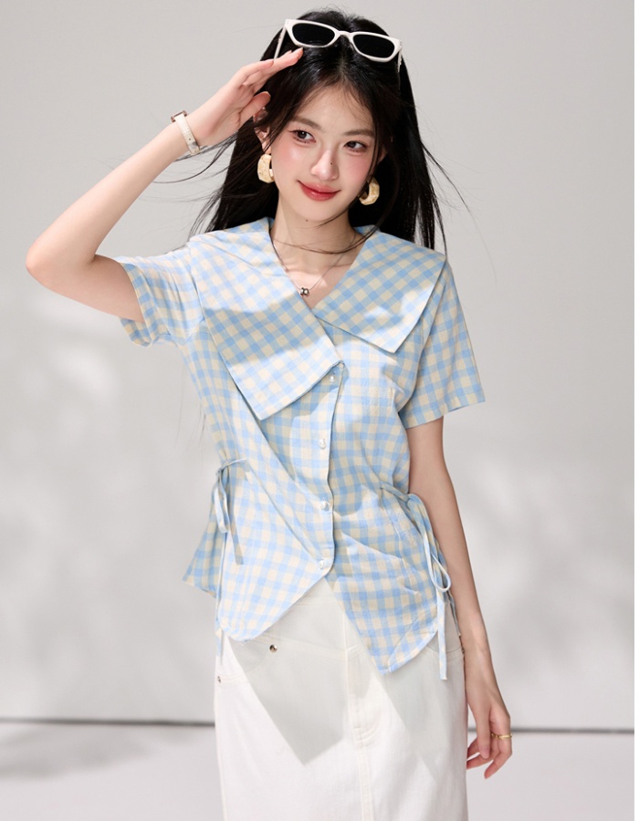 Plaid pinched waist Korean style bandage shirt
