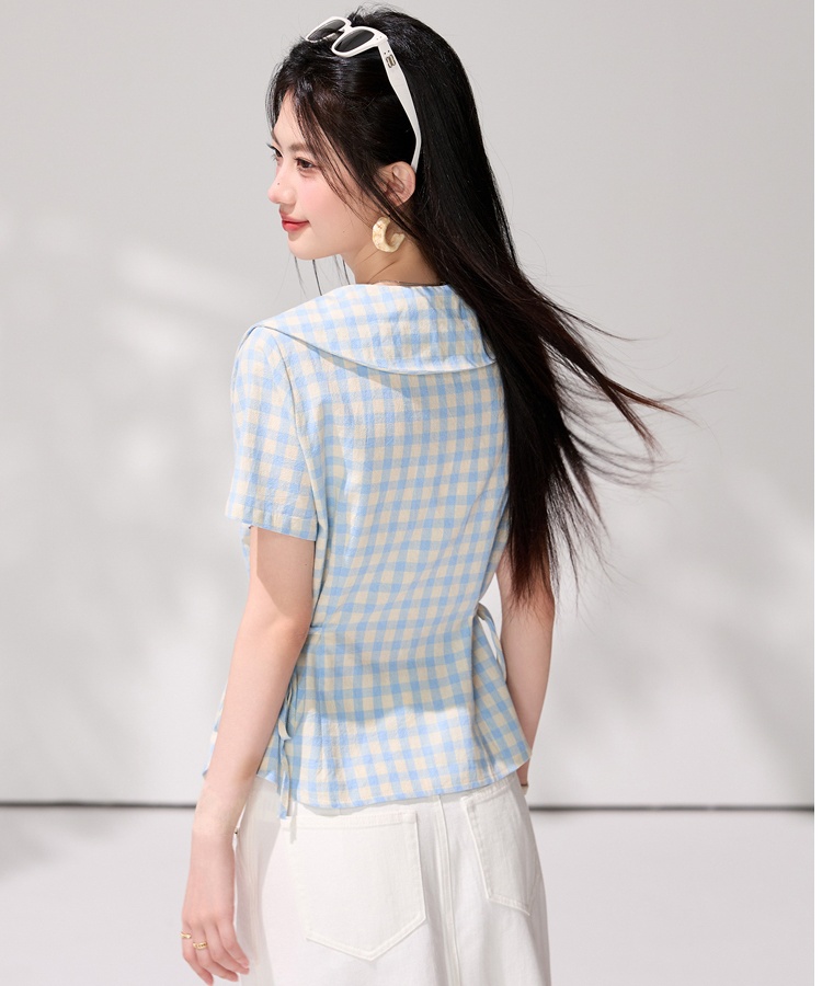 Plaid pinched waist Korean style bandage shirt