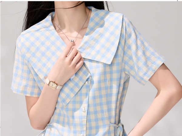 Plaid pinched waist Korean style bandage shirt