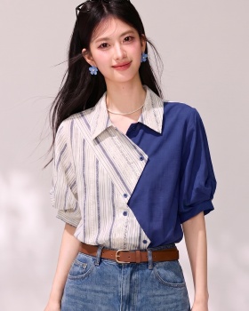 Lapel irregular stripe tops retro short sleeve shirt for women