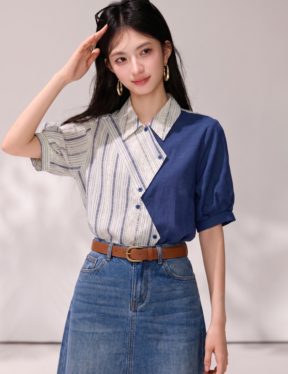 Lapel irregular stripe tops retro short sleeve shirt for women