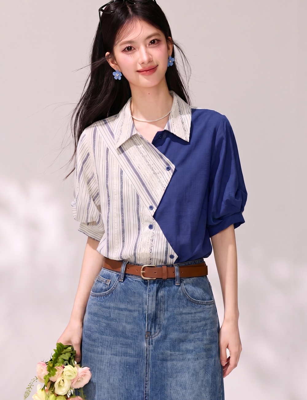 Lapel irregular stripe tops retro short sleeve shirt for women
