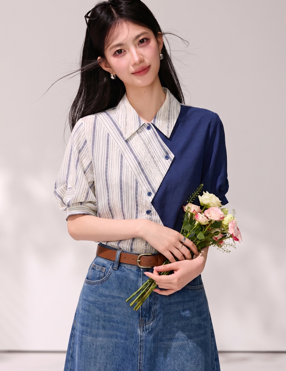 Lapel irregular stripe tops retro short sleeve shirt for women