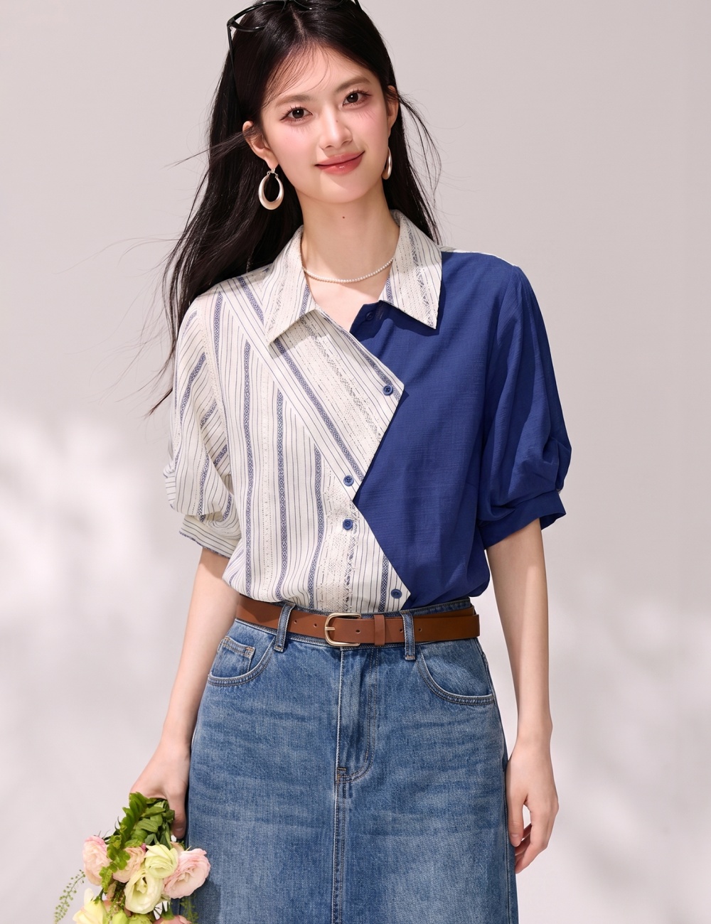 Lapel irregular stripe tops retro short sleeve shirt for women