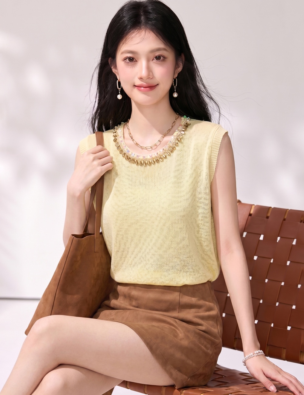 Slim fashion yellow tops round neck beading sweater