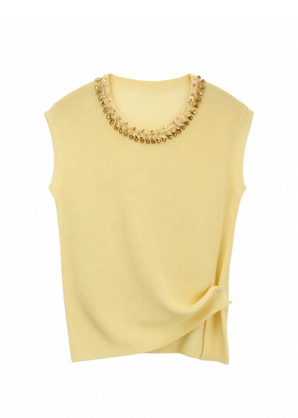 Slim fashion yellow tops round neck beading sweater