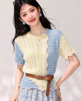 Splice mixed colors summer retro hollow sweater for women