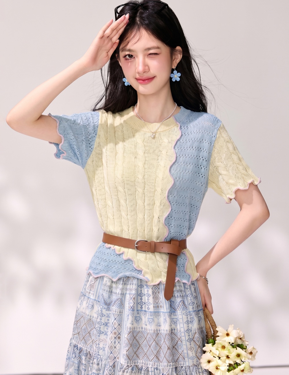 Splice mixed colors summer retro hollow sweater for women