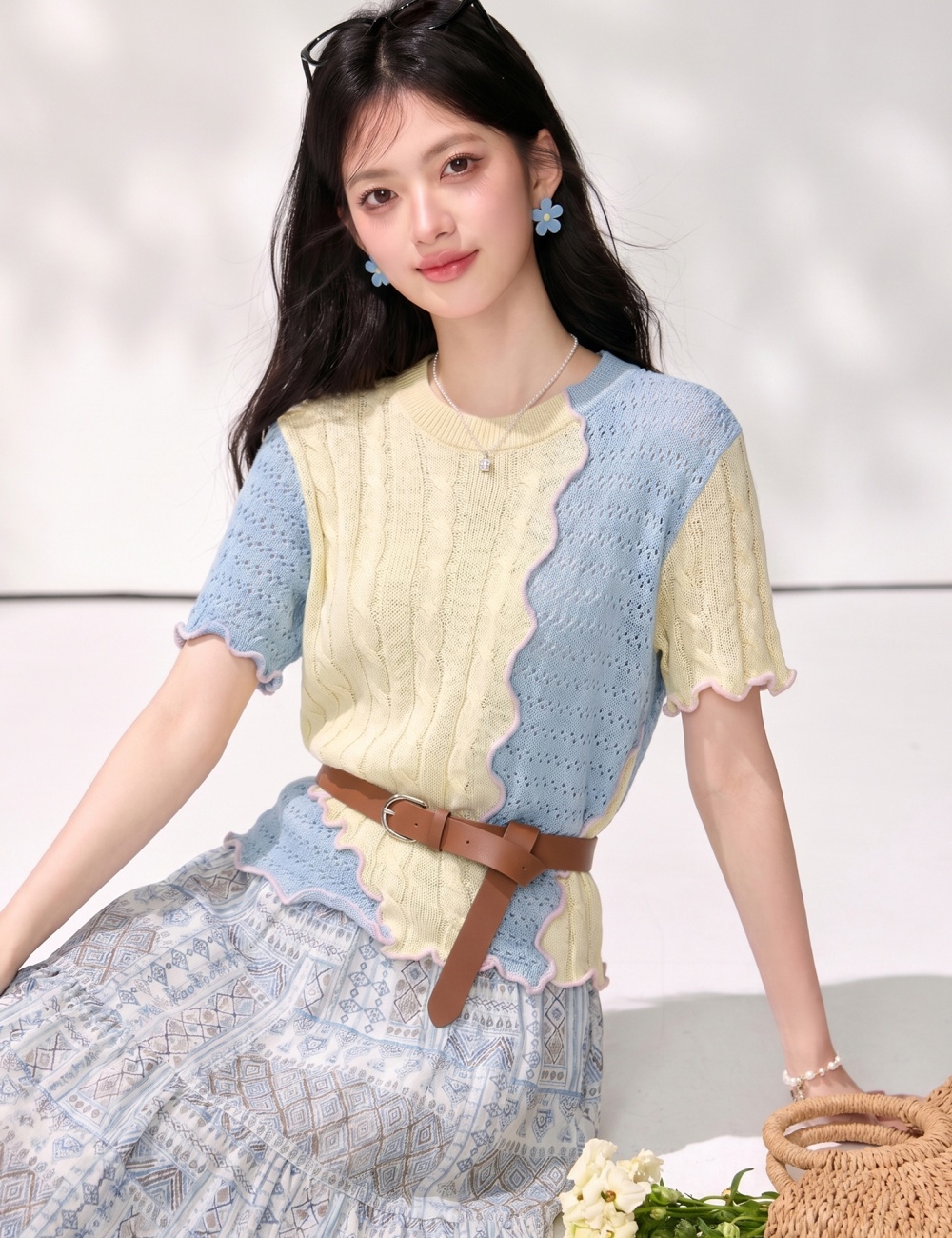 Splice mixed colors summer retro hollow sweater for women