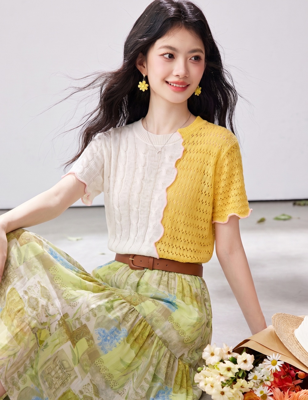Splice mixed colors summer retro hollow sweater for women
