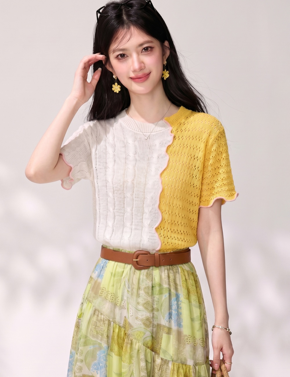 Splice mixed colors summer retro hollow sweater for women
