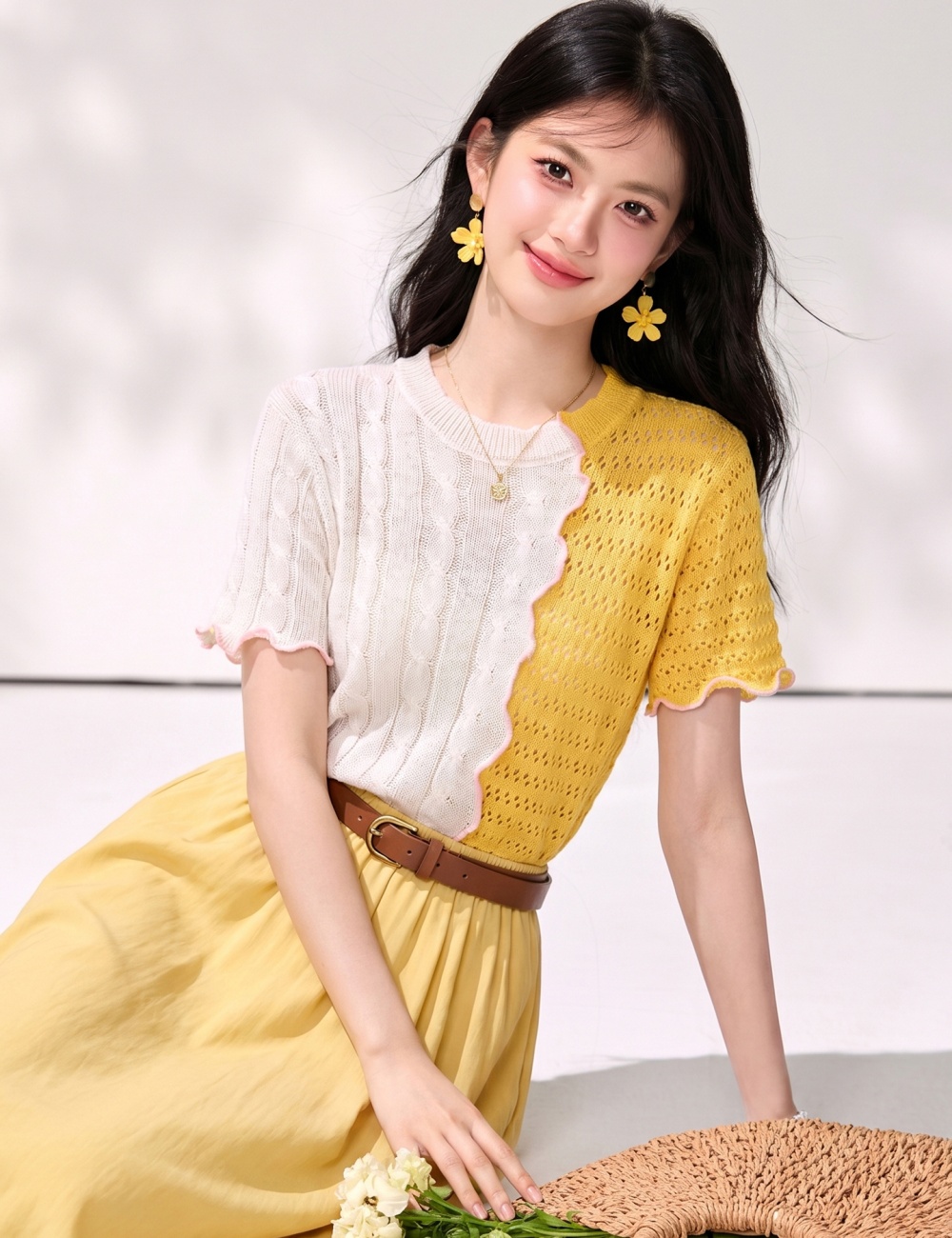 Splice mixed colors summer retro hollow sweater for women
