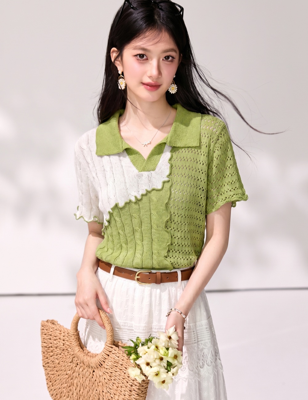 Breathable wavy edge tops short sleeve shirt for women