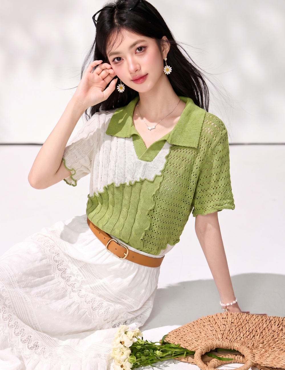 Breathable wavy edge tops short sleeve shirt for women