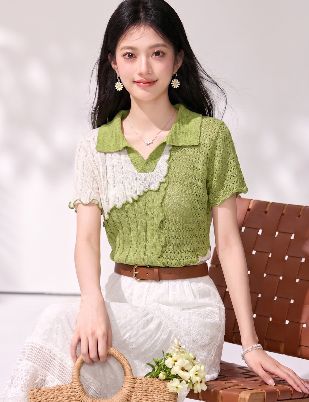Breathable wavy edge tops short sleeve shirt for women