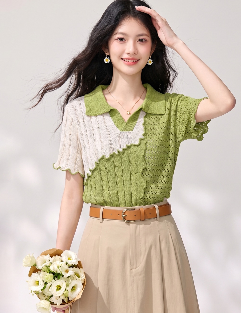 Breathable wavy edge tops short sleeve shirt for women