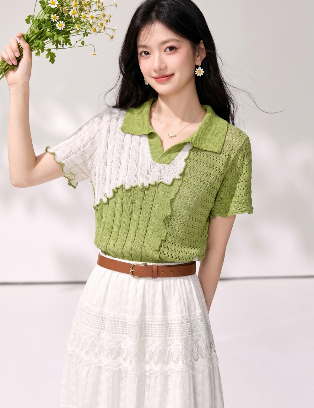 Breathable wavy edge tops short sleeve shirt for women