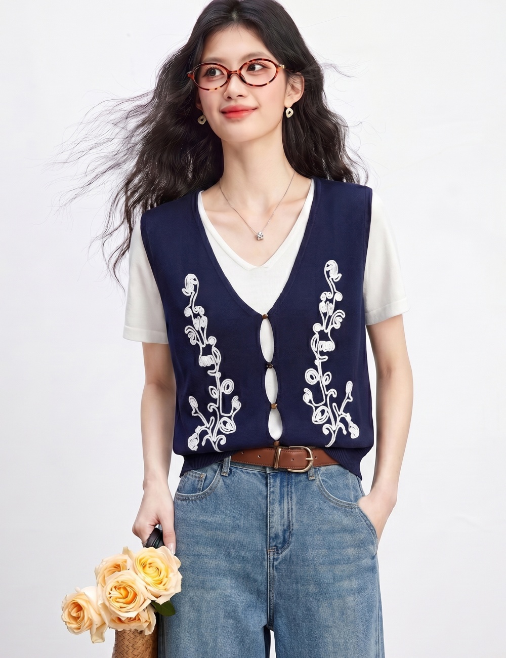 Pseudo-two splice cardigan summer embroidered T-shirt for women