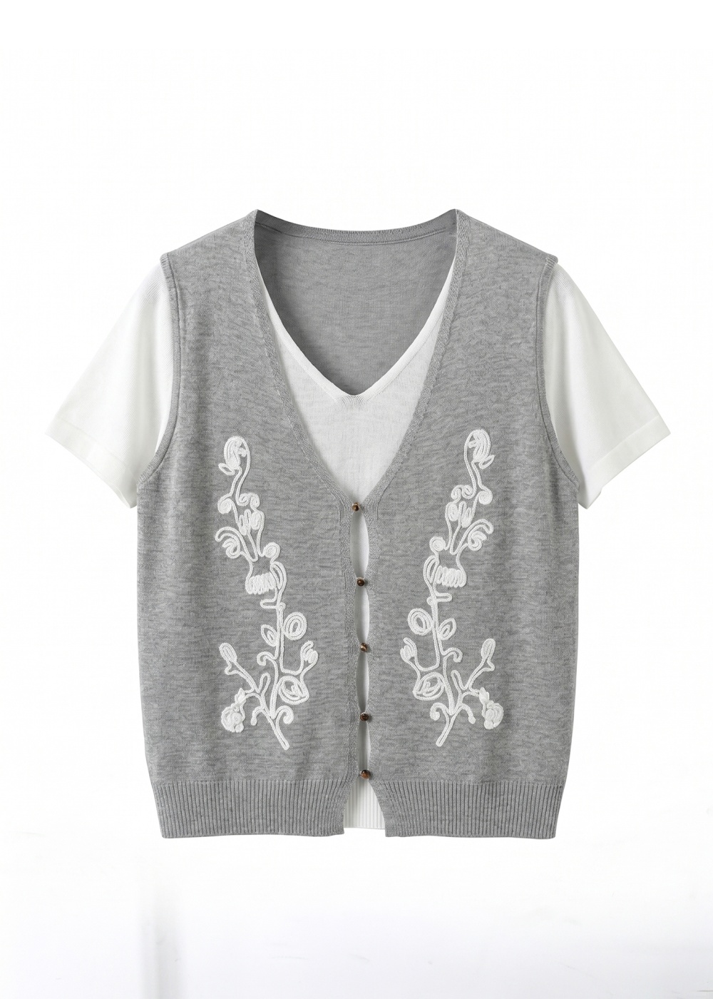 Pseudo-two splice cardigan summer embroidered T-shirt for women