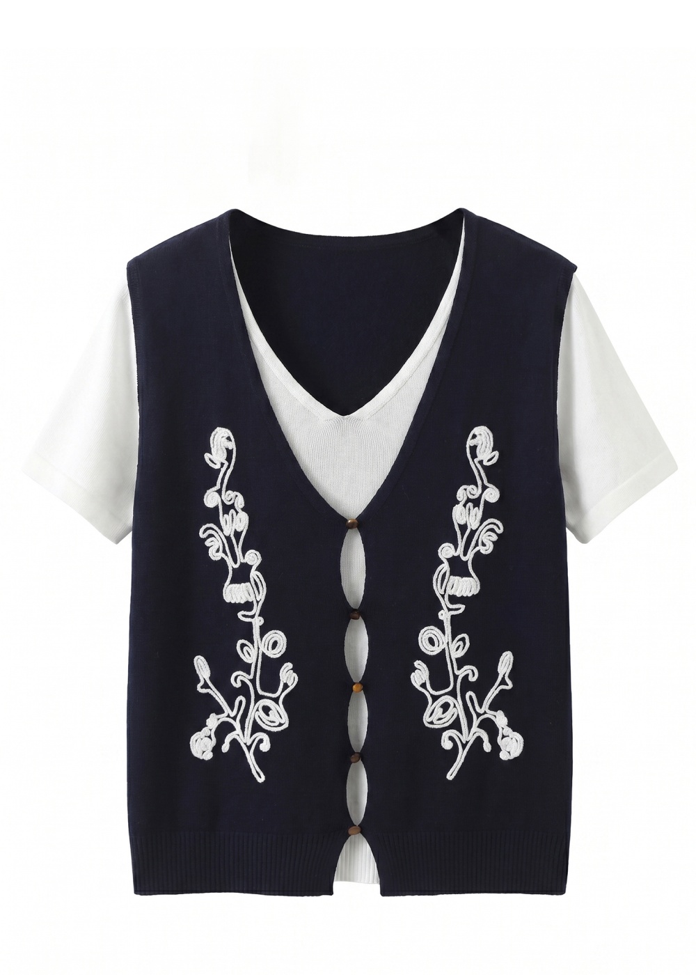 Pseudo-two splice cardigan summer embroidered T-shirt for women