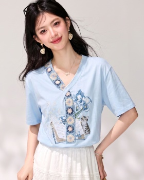 Summer blue tops V-neck short sleeve T-shirt for women