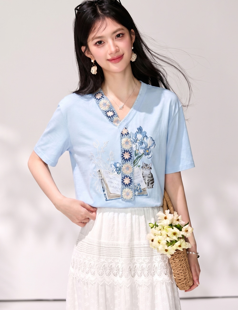 Summer blue tops V-neck short sleeve T-shirt for women