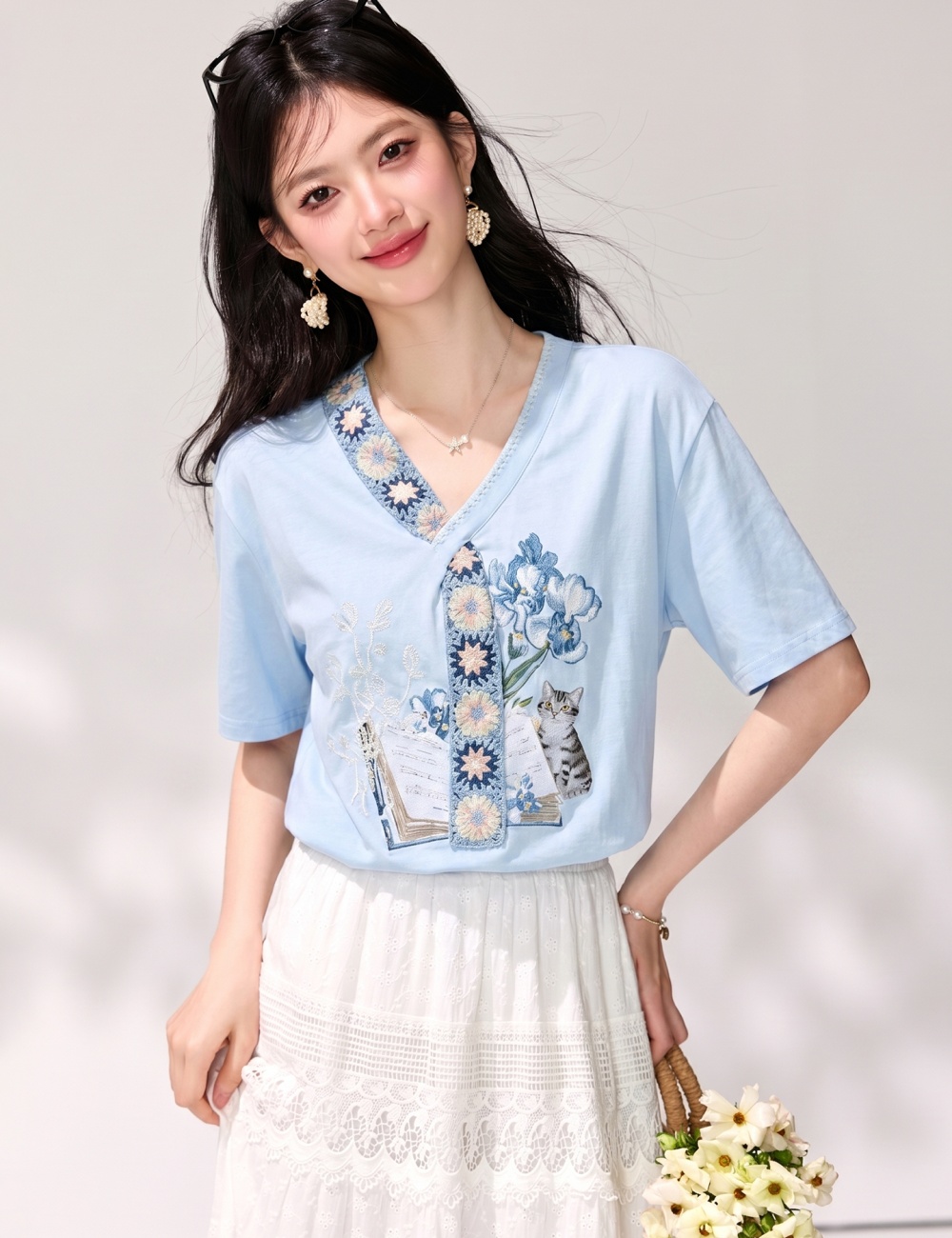 Summer blue tops V-neck short sleeve T-shirt for women