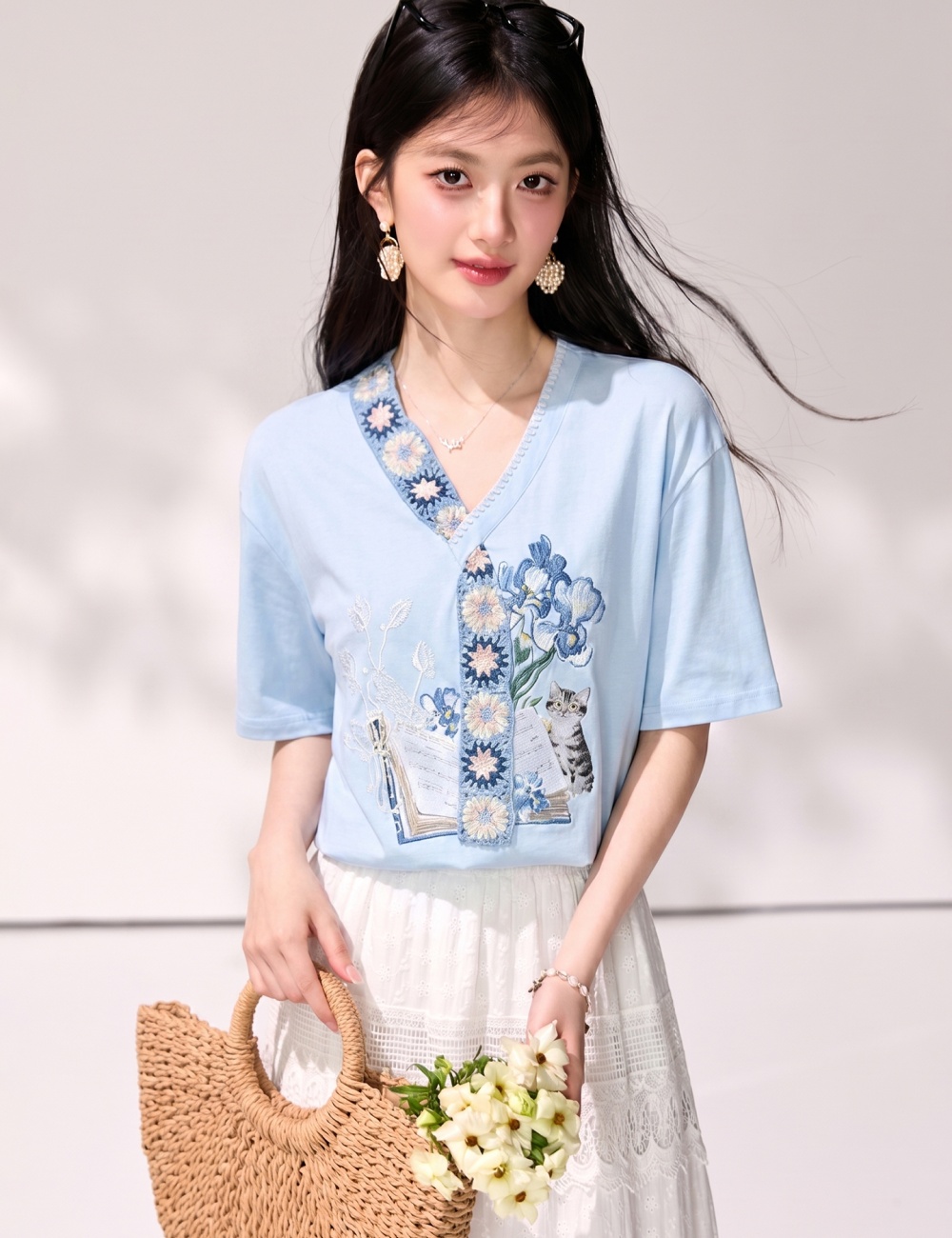 Summer blue tops V-neck short sleeve T-shirt for women