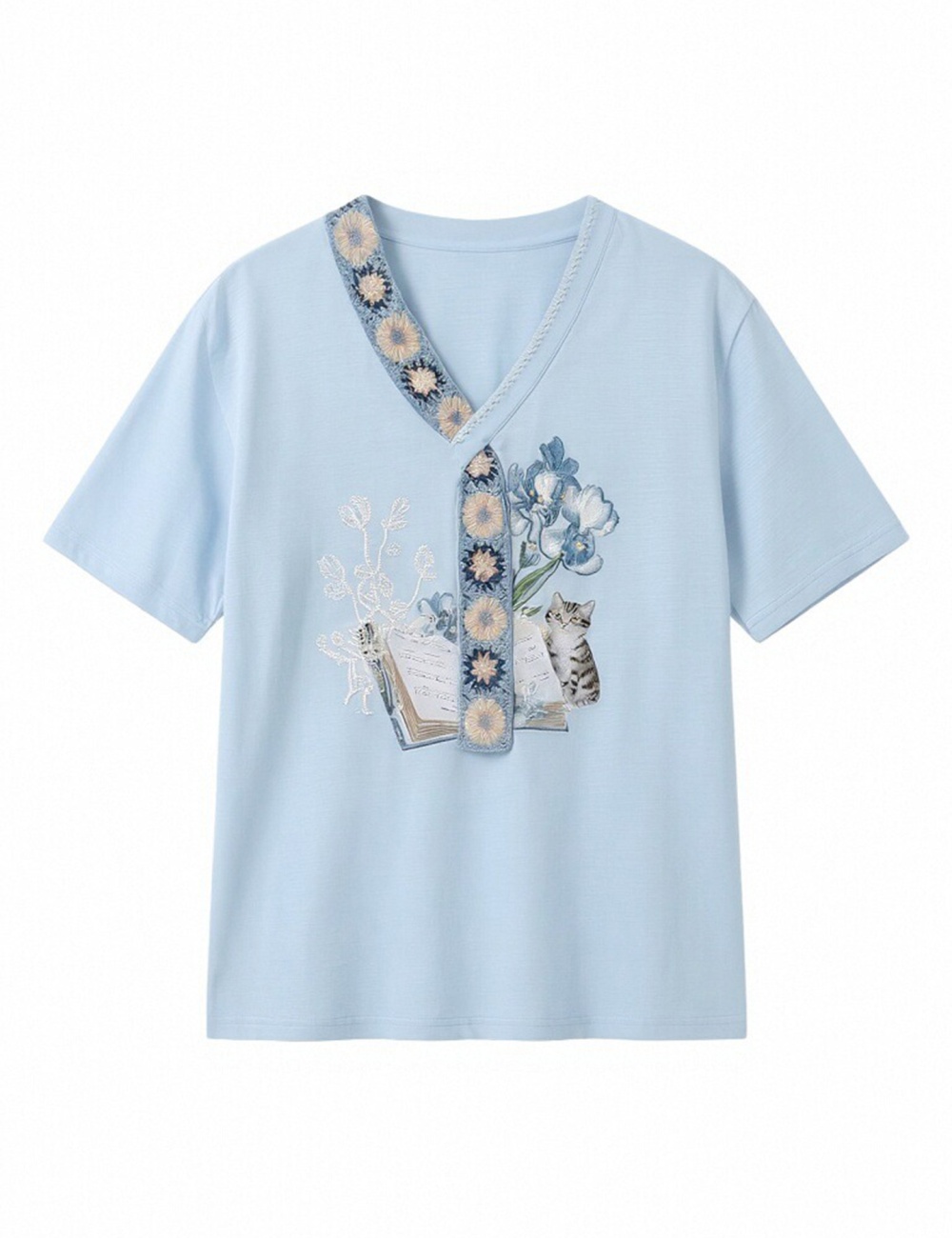 Summer blue tops V-neck short sleeve T-shirt for women